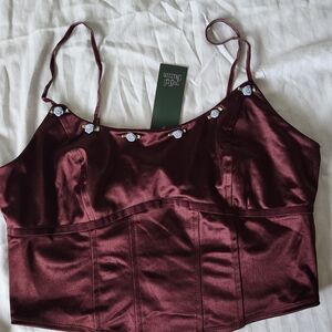 Wild Fable Burgundy Satin Crop Top with Crystal Buttons